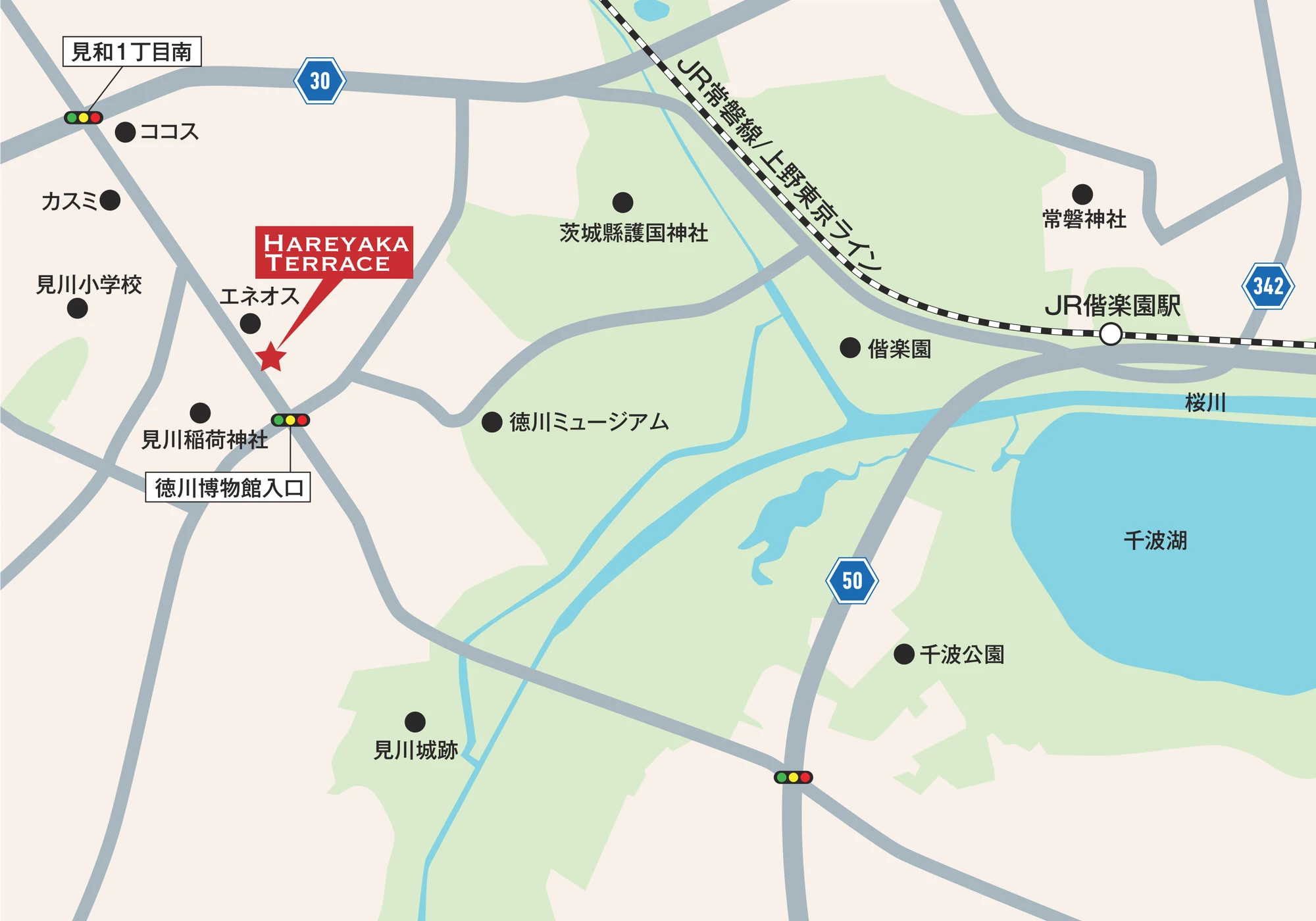 会場周辺の地図。国道50号・県道30号沿い、エネオスと見川稲荷神社の近く。偕楽園・千波湖・JR偕楽園駅からのおおよその位置を示しています。